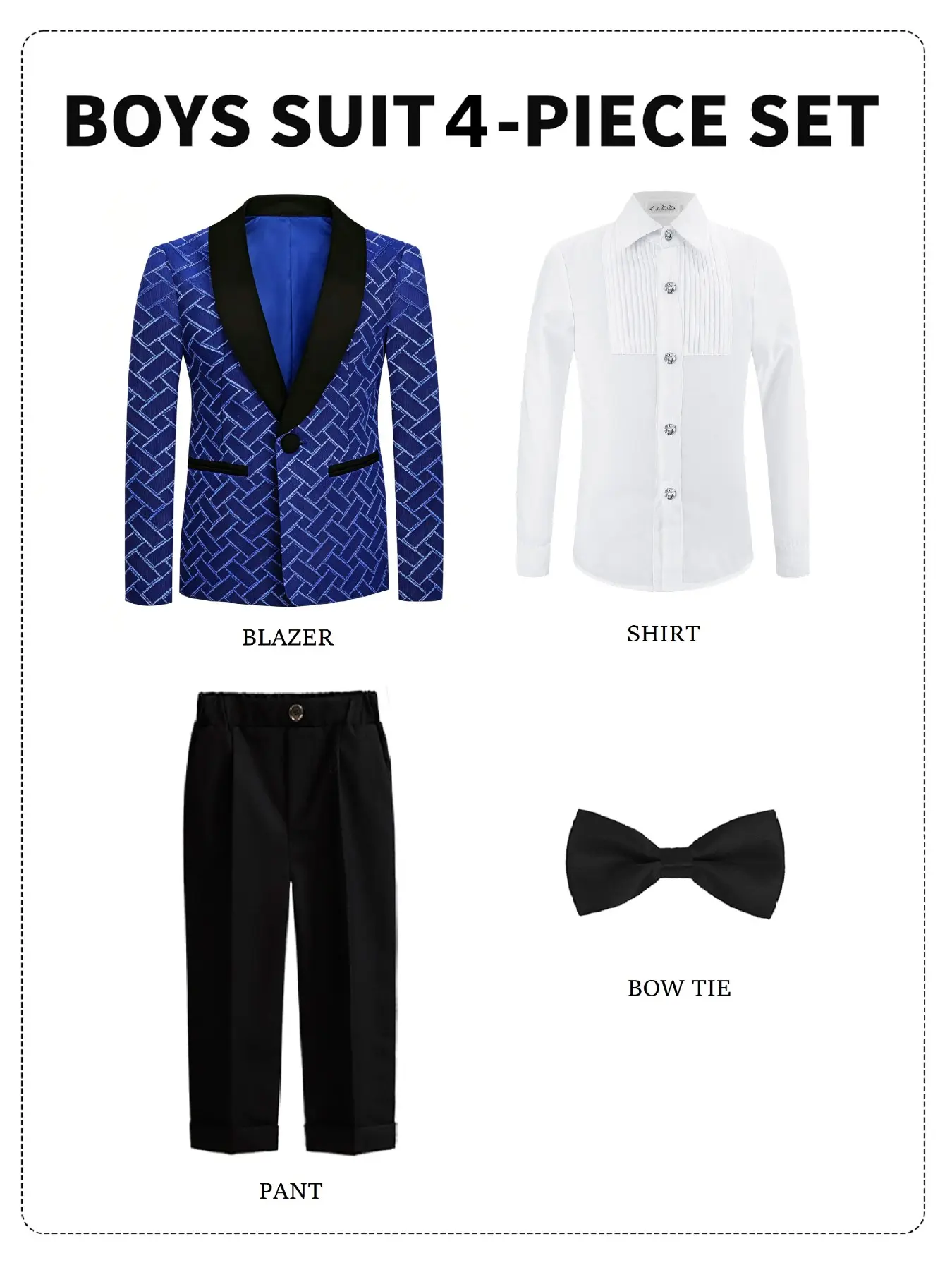 Boys' Elegant Jacquard Satin Tuxedo Suit Set (Blazer + Shirt + Trousers + Bow Tie) Elastic Waist, Black/Blue/Red Options for Birthdays, School Events & Family Gatherings