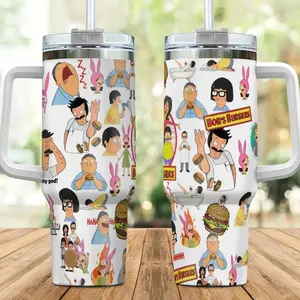 Bob’s Burgers 40oz Tumbler With Handle, Cartoon Family Cup, Custom Burger Menu Stainless Steel Travel Mug, Funny Animation Gift