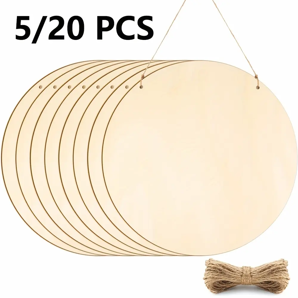 20/5pcs 12-Inch Raw Wooden Crafts, Blank Wooden Round Tag Drawing Board, Equipped with Hemp Rope for Crafts, Suitable for Painting, Wood Carving, Door Hanging, Home Decoration, Craft Gifts