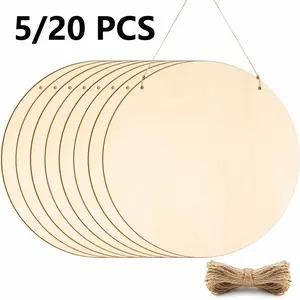 20/5pcs 12-Inch Raw Wooden Crafts, Blank Wooden Round Tag Drawing Board, Equipped with Hemp Rope for Crafts, Suitable for Painting, Wood Carving, Door Hanging, Home Decoration, Craft Gifts