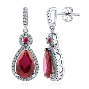 BERRICLE Sterling Silver Halo Drop Dangle Earrings for Women, Ruby-Red Pear Cut Cubic Zirconia CZ