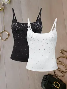 Women's Rhinestone Thin Strap Vest Set, Sleeveless Shiny Fitted Tank Top, Pure Color Blouse, Two-Piece Fashion, Womenswear