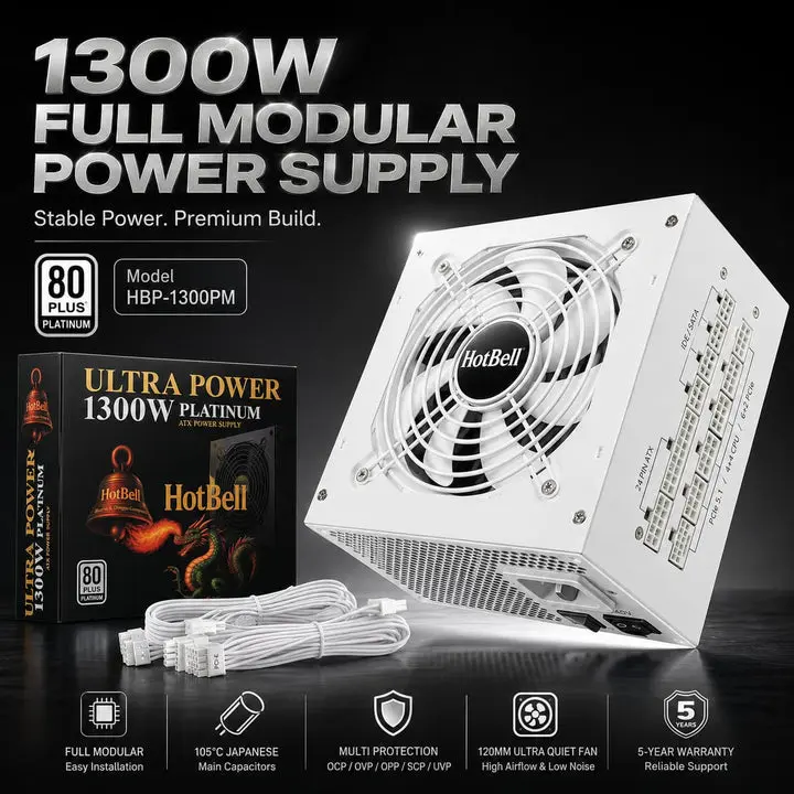 HotBell HBP-1300PM 1300W Fully Modular ATX Power Supply, 80 PLUS Platinum, 100-240V AC, White
