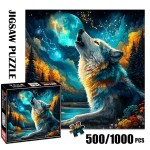 1pc 1000 piece adult puzzle 58x58cm Howling Wolf Under Moonlit Night with Stars and Forest 500 pieces paper jigsaw puzzle suitable for DIY creative games for adults and families, birthday and holida
