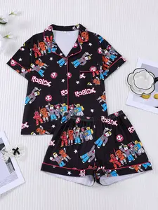 2 Piece lego Game Character Print Pajama Set, Fun Cartoon Style Short Sleeve with Pocket for Gaming Lovers, Soft Adult Loungewear