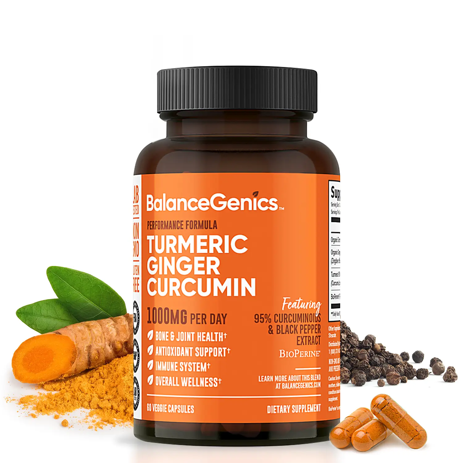 BalanceGenics Turmeric Curcumin Supplement with Black Pepper & Ginger Root 1000mg | Max Strength 95% Curcuminoids Curcuma | Joint Health & Inflammatio
