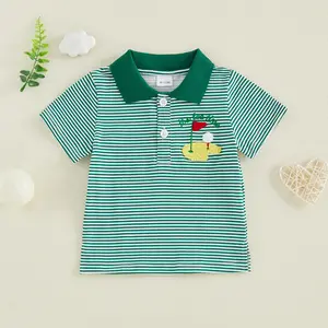 Toddler Boy Golf Embroidered Striped Polo Shirt, "It's Tee Time" Baby Boy Short Sleeve Summer Casual Top