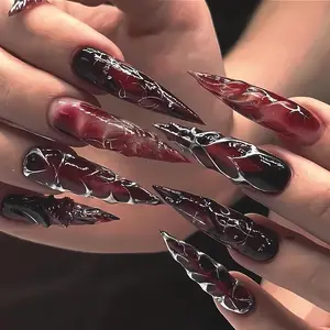 Red Black Marble Press On Nails, Silver Vein Long Stiletto Nails, Gothic Vampire False Nails, Halloween Dramatic Nail Set