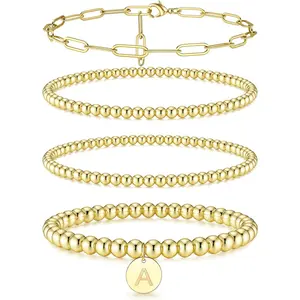 Gold Beaded Initial Bracelets for Women 14K Real Gold Plated Stainless Steel Stackable Bead Ball Papercilp Link Chain Non Tarnish Layered Stretch Engraved Letter A-Z Disc Charm Bracelets Set