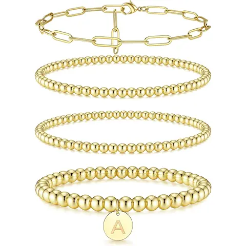 Women's 4-Piece Casual Dainty Gold-Plated Stainless Steel Bracelet Set - Antitarnish, Adjustable, Beads & Chain Accessory Styles with A-Z Initial Charm, Everyday Sparkle Girly Bracelets & Bangles, One Size Christmas Jewelry