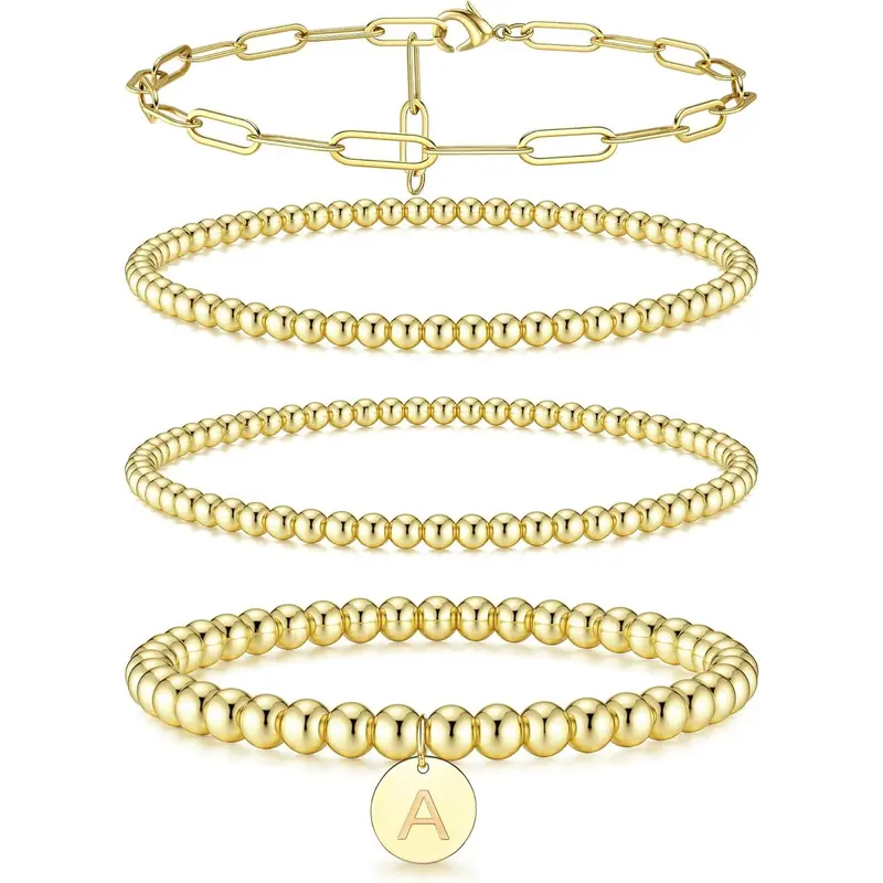 Women's 4-Piece Casual Dainty Gold-Plated Stainless Steel Bracelet Set - Antitarnish, Adjustable, Beads & Chain Accessory Styles with A-Z Initial Charm, Everyday Sparkle Girly Bracelets & Bangles, One Size Christmas Jewelry