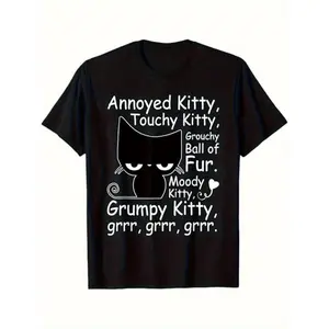Men's black T-shirt with lively cat pattern - An interesting cat design, short sleeves, round neck, very suitable for casual wear, comfortable to wear, smooth fabric