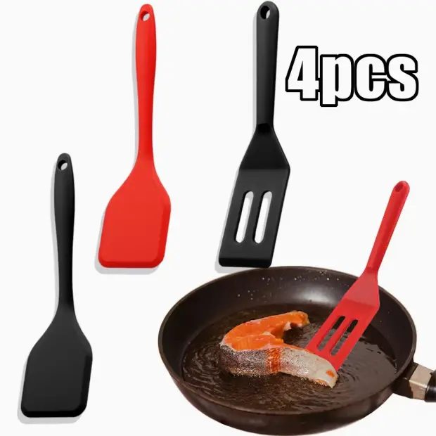4pcs Durable Heat-Resistant Non-Stick Silicone Kitchen Turner Spatula Set - Heavy-Duty Slotted/Solid, Easy-Clean Mini Sized Utensils for Grilling, Frying, Compatible with Pans, Skillets, Woks (Red & Black)