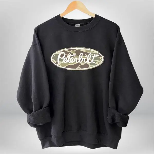 Camo Peterbilt Sweatshirt, Classic Retro Truck Graphic Tee, Menswear Top, Unisex Heritage Style T-Shirt, Summer Road Outfit