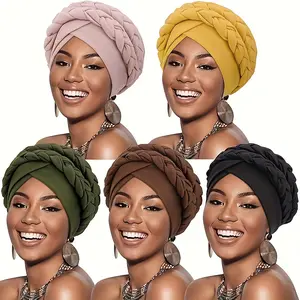 Pre-Tied Beanie Headscarves for African Women, Set of 5 Turban Caps with Double Twisted Braids, Ideal for Women Undergoing Chemotherapy Or Cancer