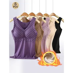 5-pack Fall Winte Women'S Thermal Fleece Sleeveless Top High Support Bra Padded Underwear Loose Pleated Lace V-neck Winter Shirt Suitable For Cold Weather Outfits-Free Holiday (Christmas) Sock!