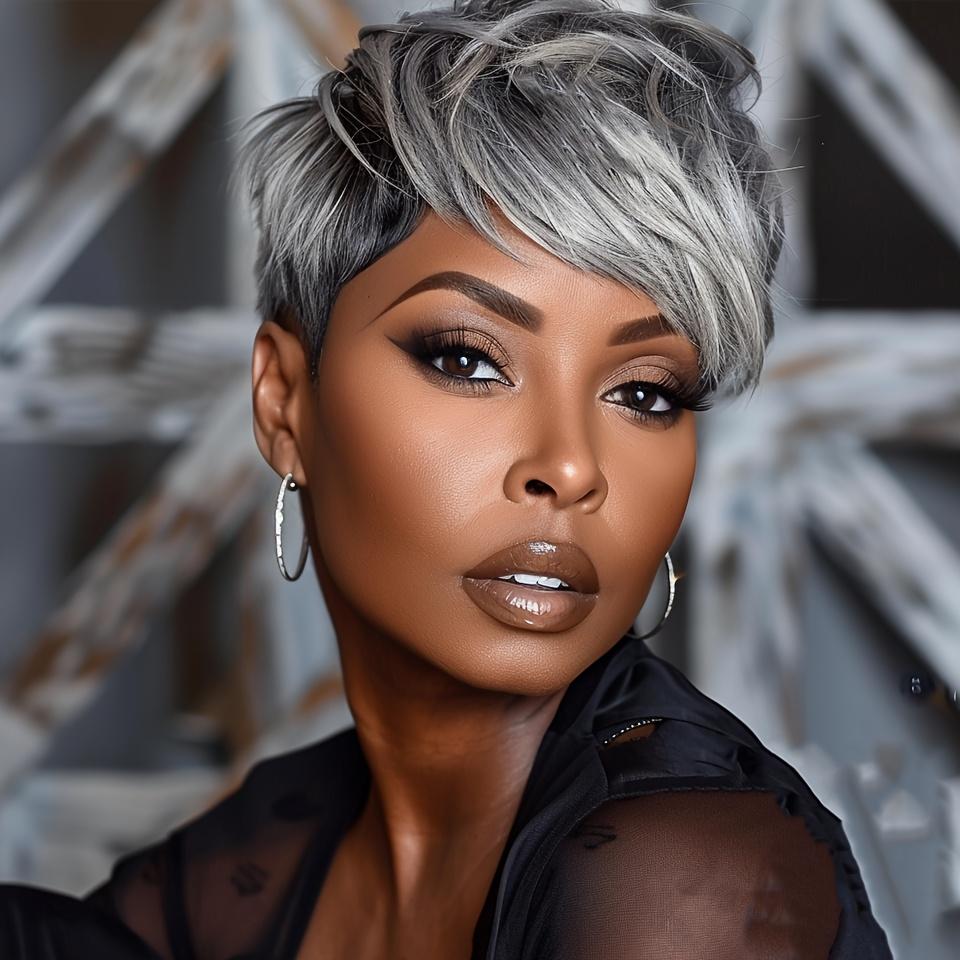 "Women's Chic Pixie Cut Human Hair Wig Ash Grey Balayage Glueless 150% Density Brazilian Remy Hair Layered Bangs Natural Fullness For Daily & Special Events "	