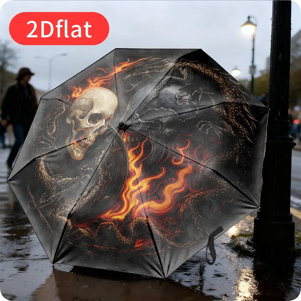 1 Automatic Open/Close Folding Umbrella with Skull and Dragon Design – Compact Travel Umbrella, Heavy-Duty 8-Rib Frame, Asian Gothic Style with Auto Open/Close Button – Ideal for Daily Use, Formal Occasions, Halloween,