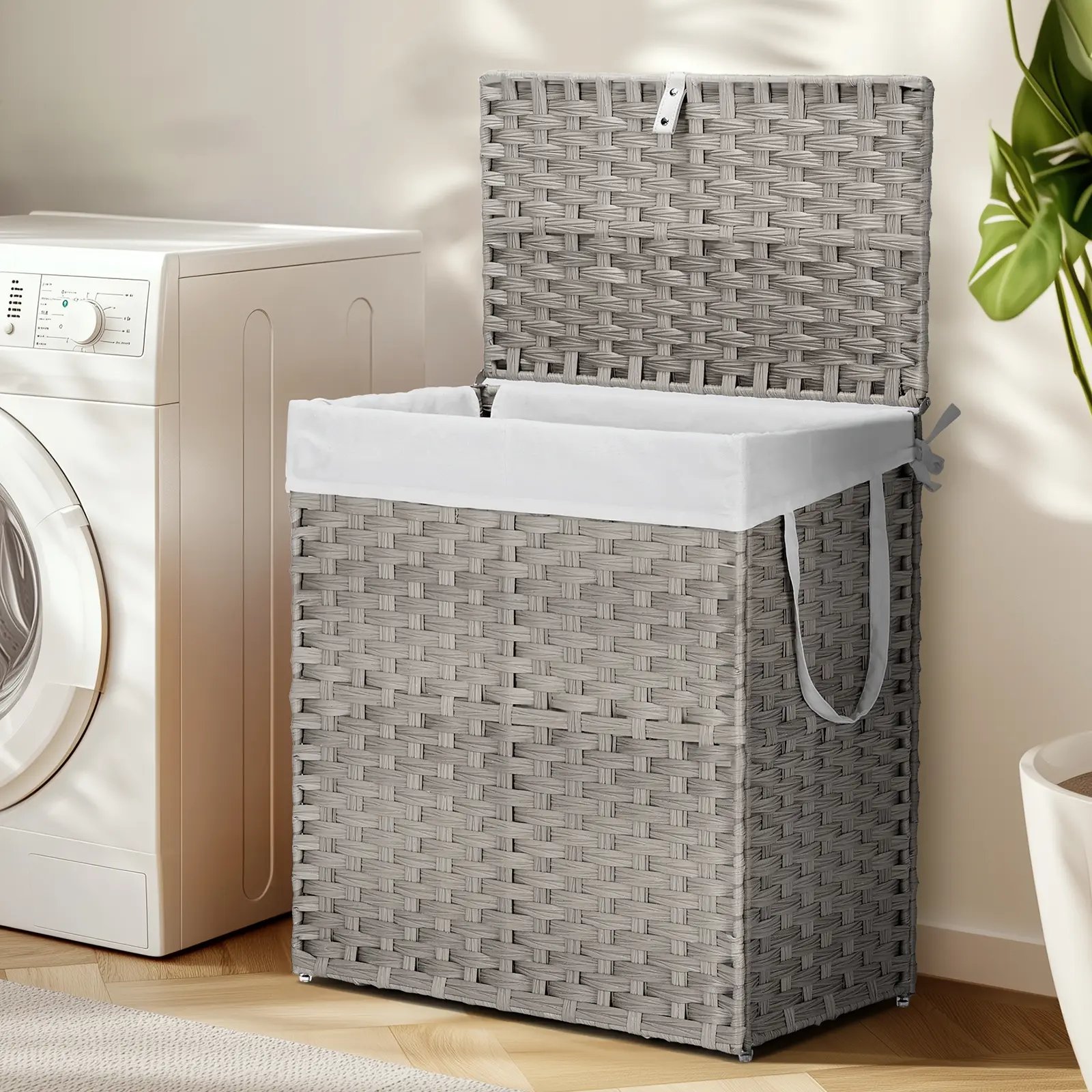 Wicker Laundry Hamper with Lid & Removable Liner Bag – Foldable Rattan Clothes Basket with Handles, Sturdy Metal Frame & Silica Gel Feet for Bathroom, Bedroom & Laundry Room