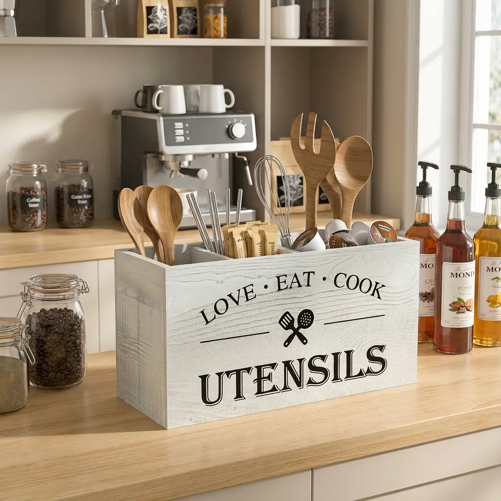 Love-Eat-Cook 3-Compartment Durable Sturdy Rustic Wooden Utensil Holder - Rectangle Box, Farmhouse Kitchen Countertop Organizer for Silverware, Kitchen Accessories