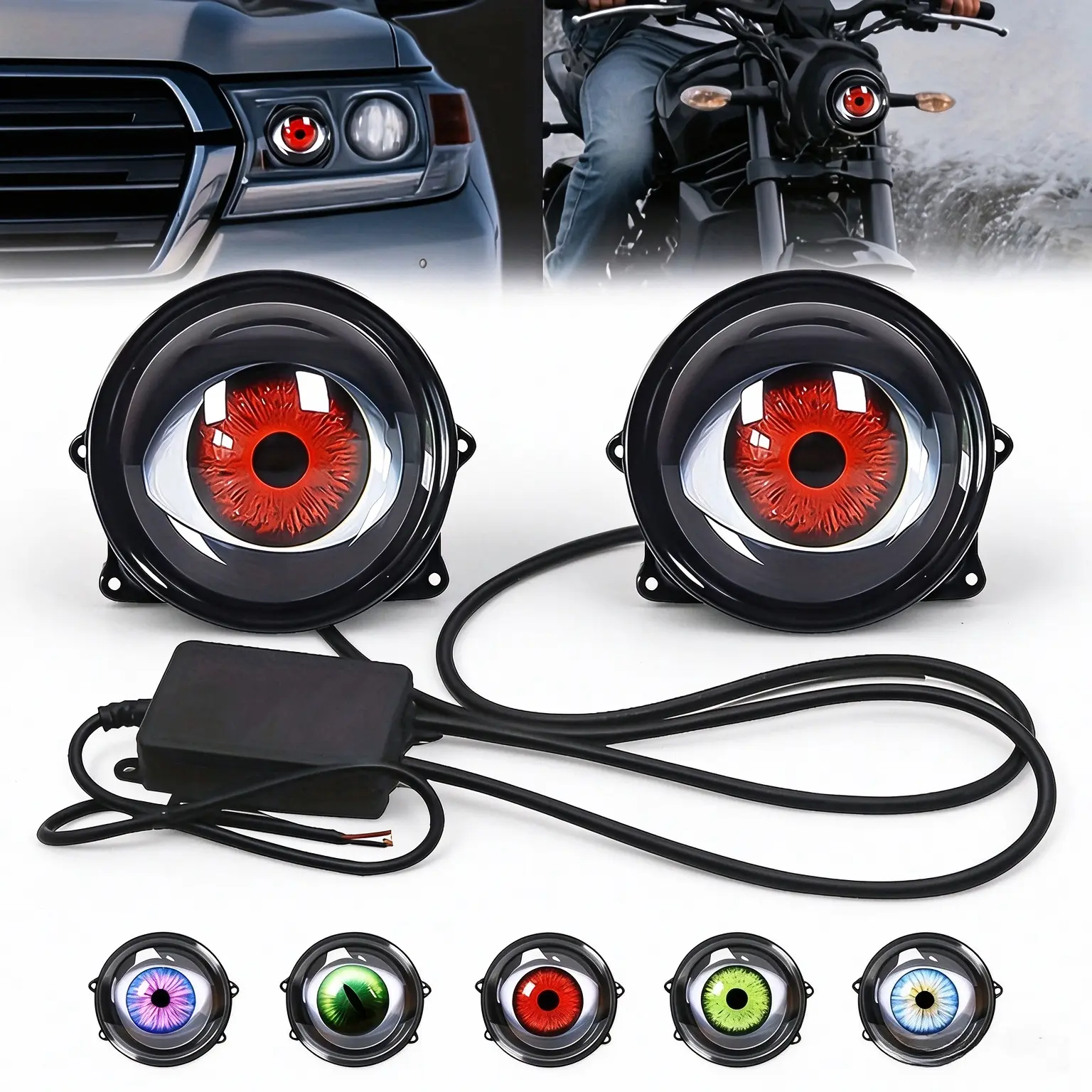 Devil Eye LED Headlight Bulbs (2 Pieces), 12V 0-49W 3in x 3in Adjustable Pattern, Dynamic Flashing LED Headlamps Bulbs, Car Lighting Upgrade Stylish Accessory for Cars & Motorcycles