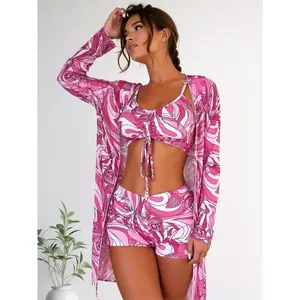 2026 Retro Pink Swirl Print 3-Piece Set: Front-Tie Crop Top with Shorts and Long-Sleeve Cover-Up – Trendy Y2K Swimwear for Beach Vacations and Pool Parties