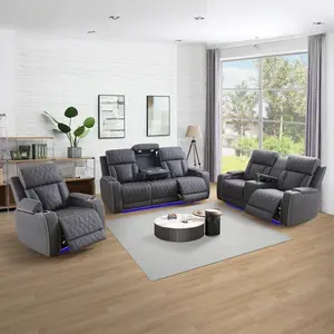 Power Recliner Sofa Set with LED Lights,Suede Leather Reclining Couch with Coffee Table/Storage Console/Cup Holder,Reclining Living Room Set with 5 Recliner Seats for House(3 Piece Set)