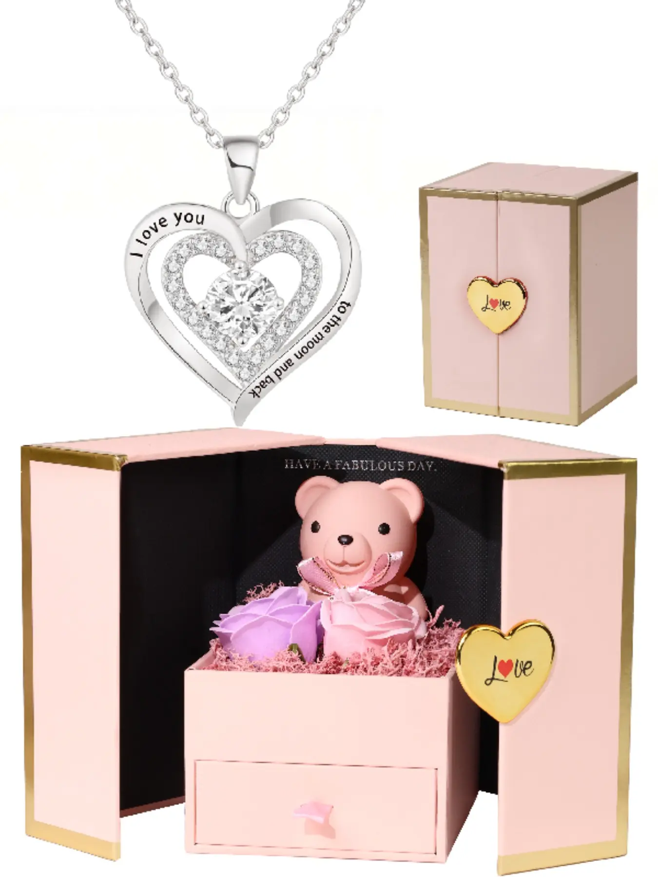 Little Bear Double Rose Gift Box Silver Pendant Necklace Engraved with 'I love you to the moon and back' Women's Necklace, Mother's Day Gift for Mom, Anniversary and Holiday Gift for Women