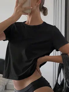 Women's Solid Color Tee Top, Casual Short Sleeve Round Neck T-shirt for Summer, Ladies Clothes for Daily Wear