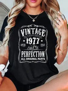 1977 Limited Edition Vintage Letter Print T-shirt, Short Sleeve Crew Neck Casual Top for Summer & Spring, Women's Clothing