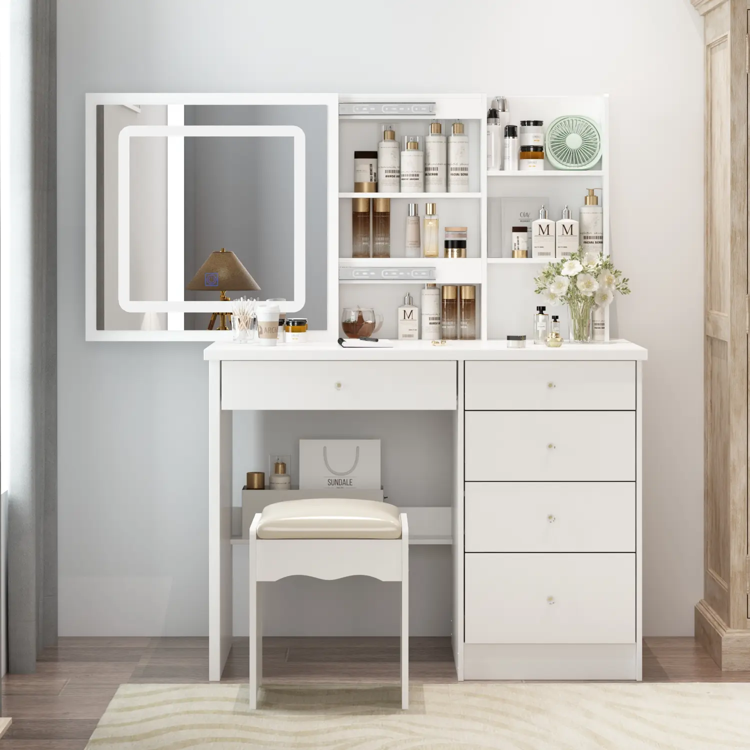 FUFU&GAGA Large Modern Makeup Vanity Table Set with LED Mirror, 5 Drawers, Shelves, Cushioned Stool, Cosmetics Storage for Vanity & Makeup Organization, Stylish Design Furniture