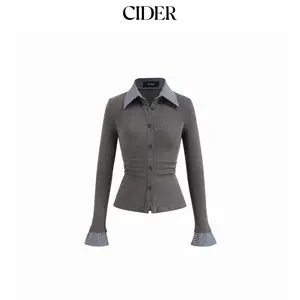 Cider Cotton Plaid Polo Collar Ruched Two Tone Top