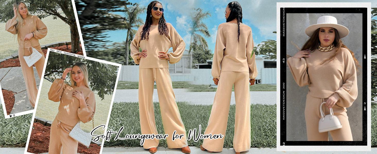 Ekouaer Women's two-piece set long sleeved pullover top with pockets wide leg pants casual set Pajama Loungewear Nightwear，Outfits for Daily, Downtown Girl Clothes. Fal Outfits, Christmas 2025 Trend, Fall & Winter Womenswear