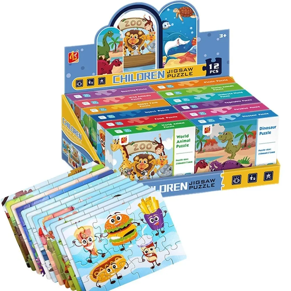 12-Pack Kids Jigsaw Puzzle Set with 24 Large Pieces per Puzzle, Colorful Cartoon Animal, Food, Ocean, Farm and Daily Life Themes, Screen-Free Educational Learning Activity for Boys and Girls Ages 3+