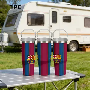 1pc 30oz Stainless Steel Thermos Mug, Red and Blue Theme! Barcelona FCB Portable Car Insulated Water Bottle, Large Capacity, with Handle and Straw, Suitable for Outdoor, Sports, and Indoor Use. A Perfect Gift for Football Fans