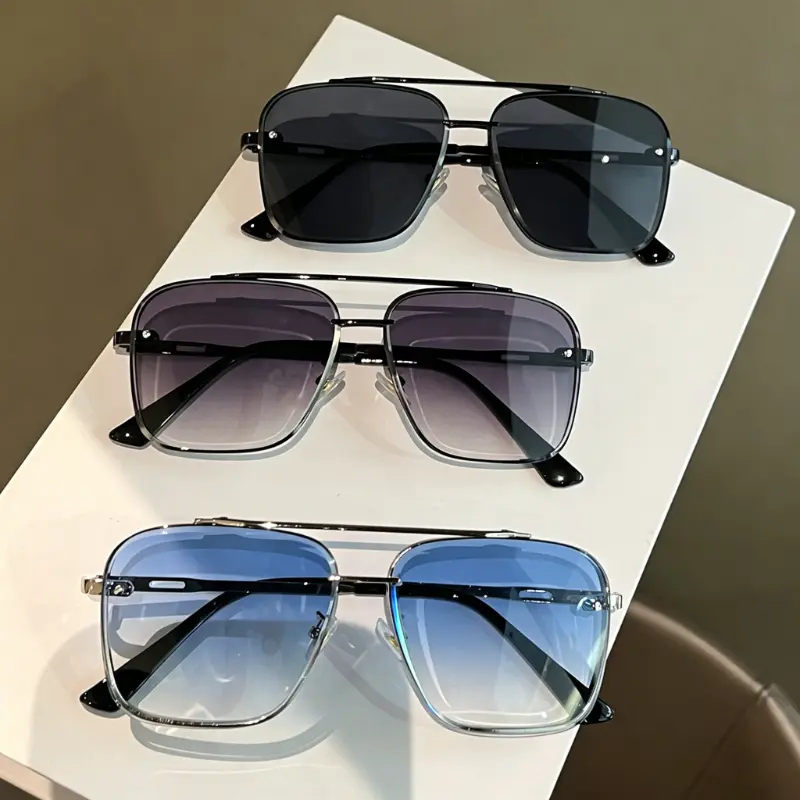 Men's Retro Square Sunglasses with Double Bridge, Lightweight Metal Frame, Gradient Blue UV400 Lenses for Driving & Outdoors, Men's Sunglasses, 1980S Retro Men's Sunglasses, Metal Alloy