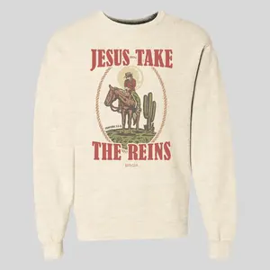 Kerusso Womens Christian Sweatshirt Jesus Take The Reins in Oatmeal Heather Fit Soft