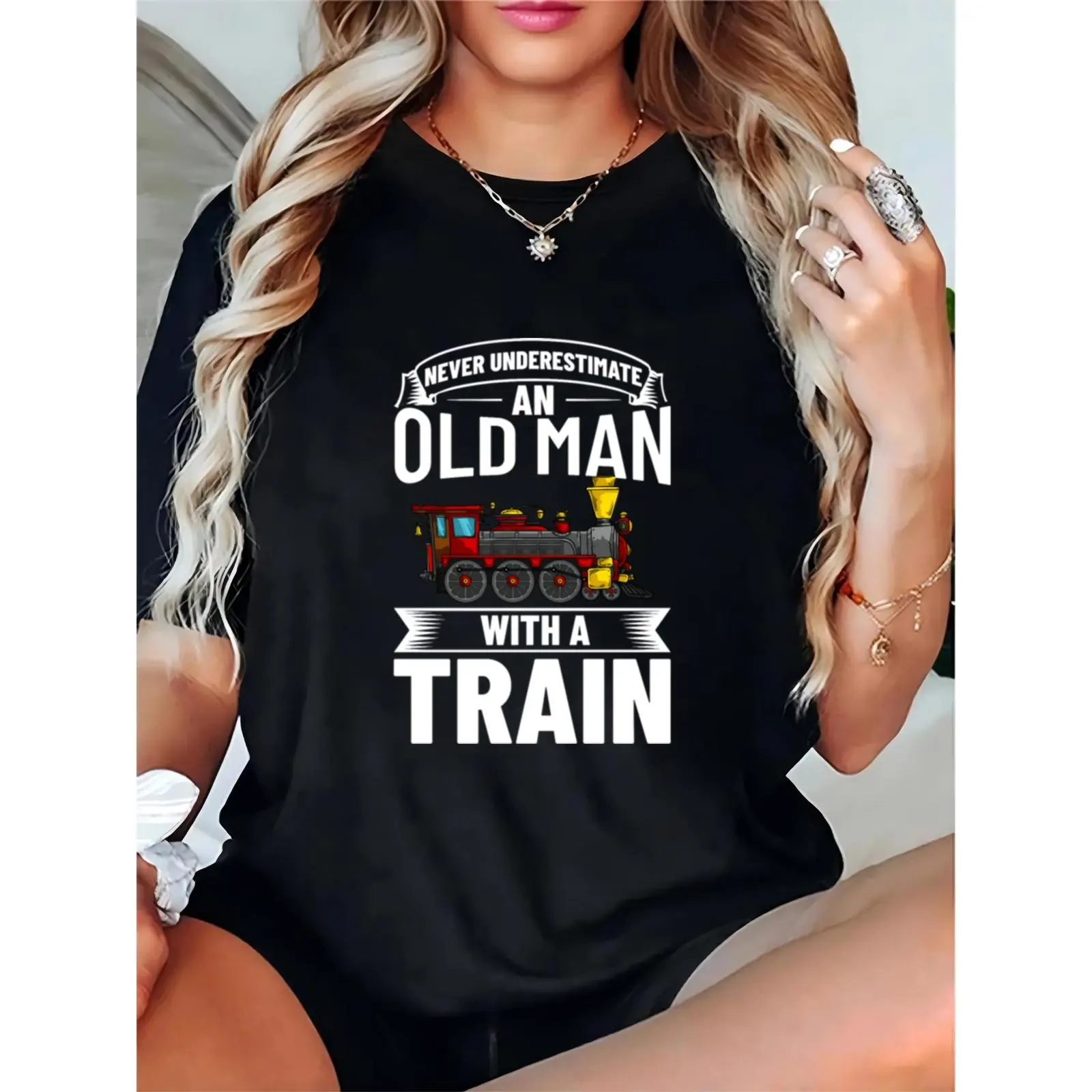 Unisex Black T-Shirt: "Never Underestimate an Old Man with a Train" Steam Train Graphic, Casual Daily/Travel Wear, Ideal Gift for Train Enthusiasts & Elderly Men