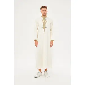 Amir Embroidery Gold Print Thobe - Off-White