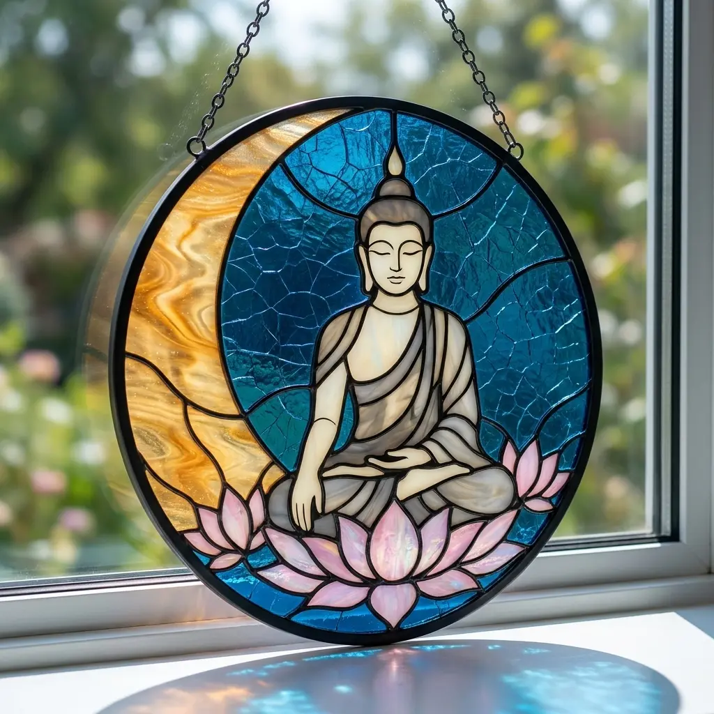 Meditating Buddha Stained Glass Suncatcher Round Golden Crescent Moon Pink Lotus Window Hanging Panel Zen Spiritual Gift