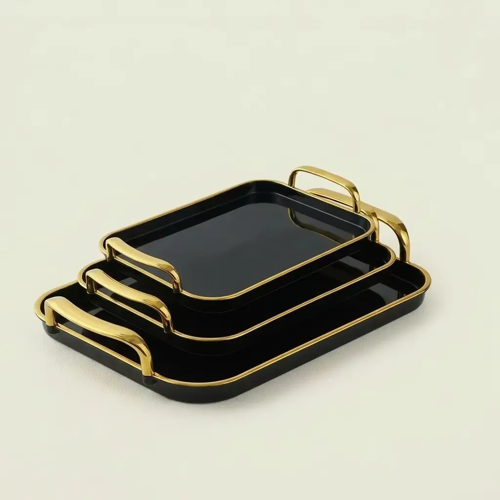 Nesting Black Gloss Serving Trays with Gold Handles | Serve Drinks, Store Perfume & Decor Your Coffee Table