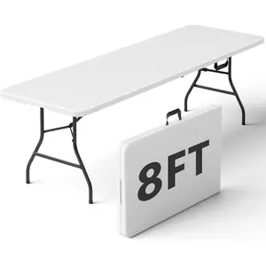Folding Table 8ft - Heavy Duty Plastic Table with Handle, Foldable & Portable, Fold-in-Half Utility Tables for Outdoor, Dining, Wedding, Events, Indoor, Picnic, Camping, Party (White)