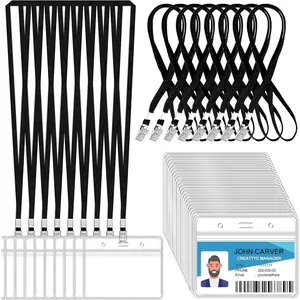 50 count Clear Horizontal Badge ID Card and 50 count Lanyard,  Lanyards for Id Badge Holder Name Tag Badge Holder with Lanyards for Adults  Business School Conferences (Black)