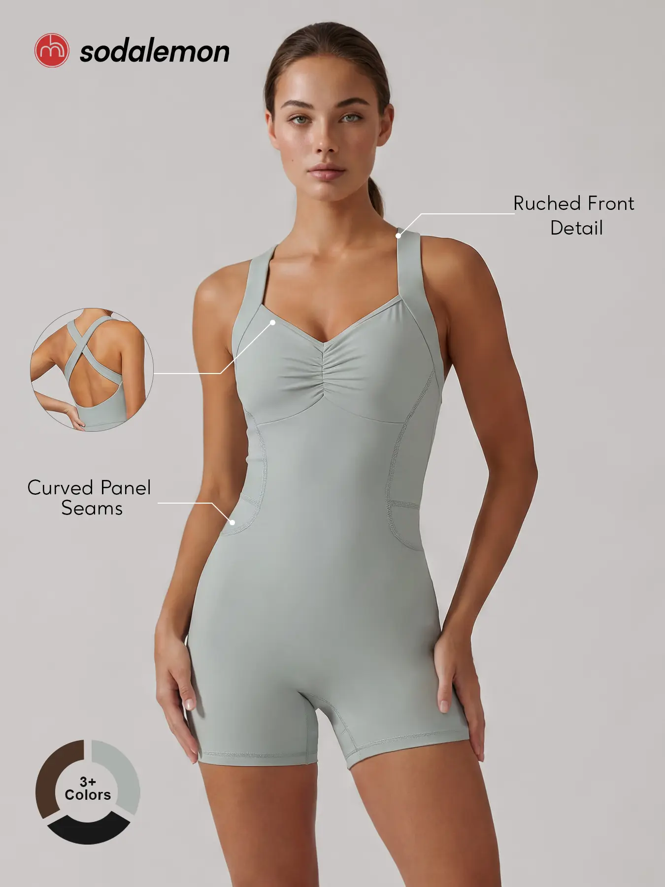 Sodalemon Women’s Workout Romper, Ruched Front Cross-Back Yoga Jumpsuit, Sleeveless Fitted Biker Short Unitard for Pilates, Gym & Fitness