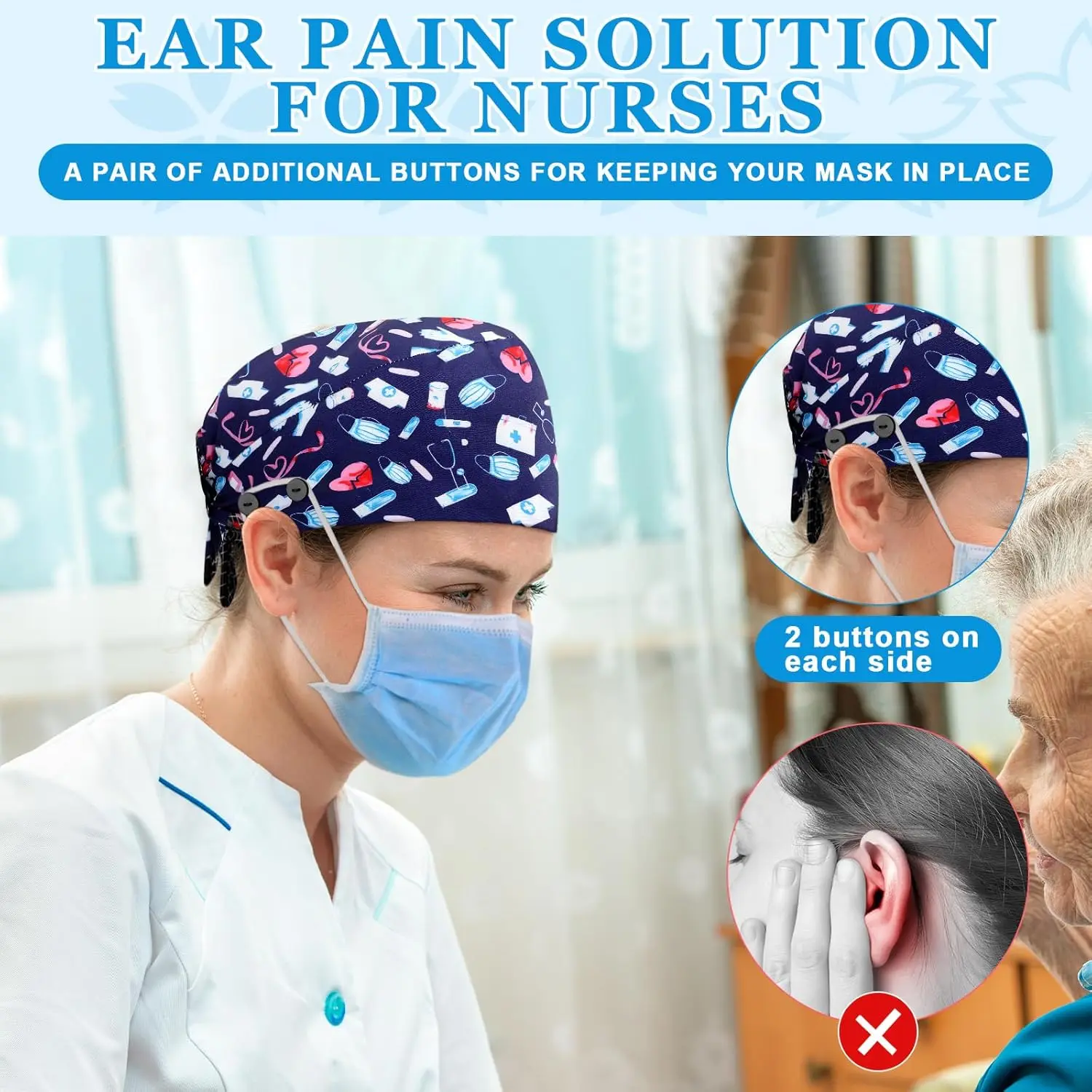 AGS Unittype 4 Pcs Nurse Caps for Women Nursing Working Caps with Button and Sweatband Adjustable Elastic Scrub Hats for Dentist AGS Unittype 4 Pcs Nurse Caps for Women Nursing Working Caps with Button and Sweatband Adjustable Elastic Scrub Hats for Dentist