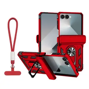 360 ° Rotating Metal Car Bracket Ring Solid Color Armor Lanyard Phone Case For Samsung Galaxy Z Flip 7 6 5 4 3 Protection Cover