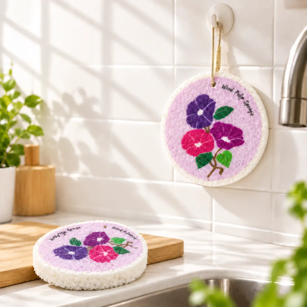 5-Pack Compressed Cleaning Sponges, Expandable Wood Pulp Cellulose Sponge Pads with Floral Print, Compact Household Cleaning Sponges for Kitchen, Cookware, Sink, Countertop, Bathroom & Travel