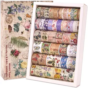 42 Rolls Vintage Washi Tape Set, Floral Letter Butterfly Mushroom Botanical Flower Writable Decorative Tapes for Scrapbooking , Junk Journal Supplies,  Journaling 5-75mm Wide 9.84ft long/Roll