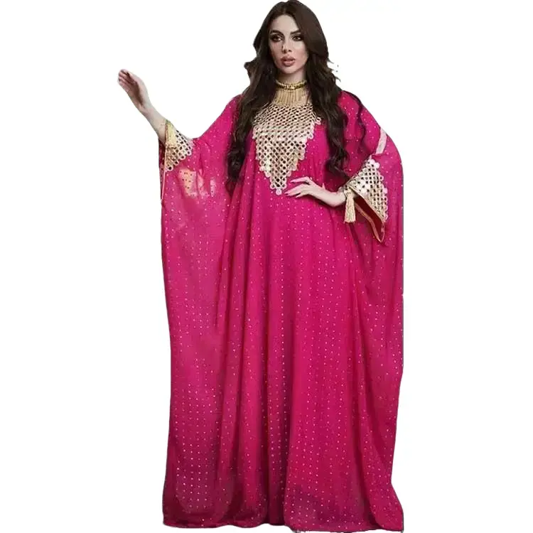 Women's Abaya Chiffon Drop Beaded Dress in Vibrant Yellow with Gold Sequins and Elegant Bell Sleeves for Special Occasions Maxi Prom
