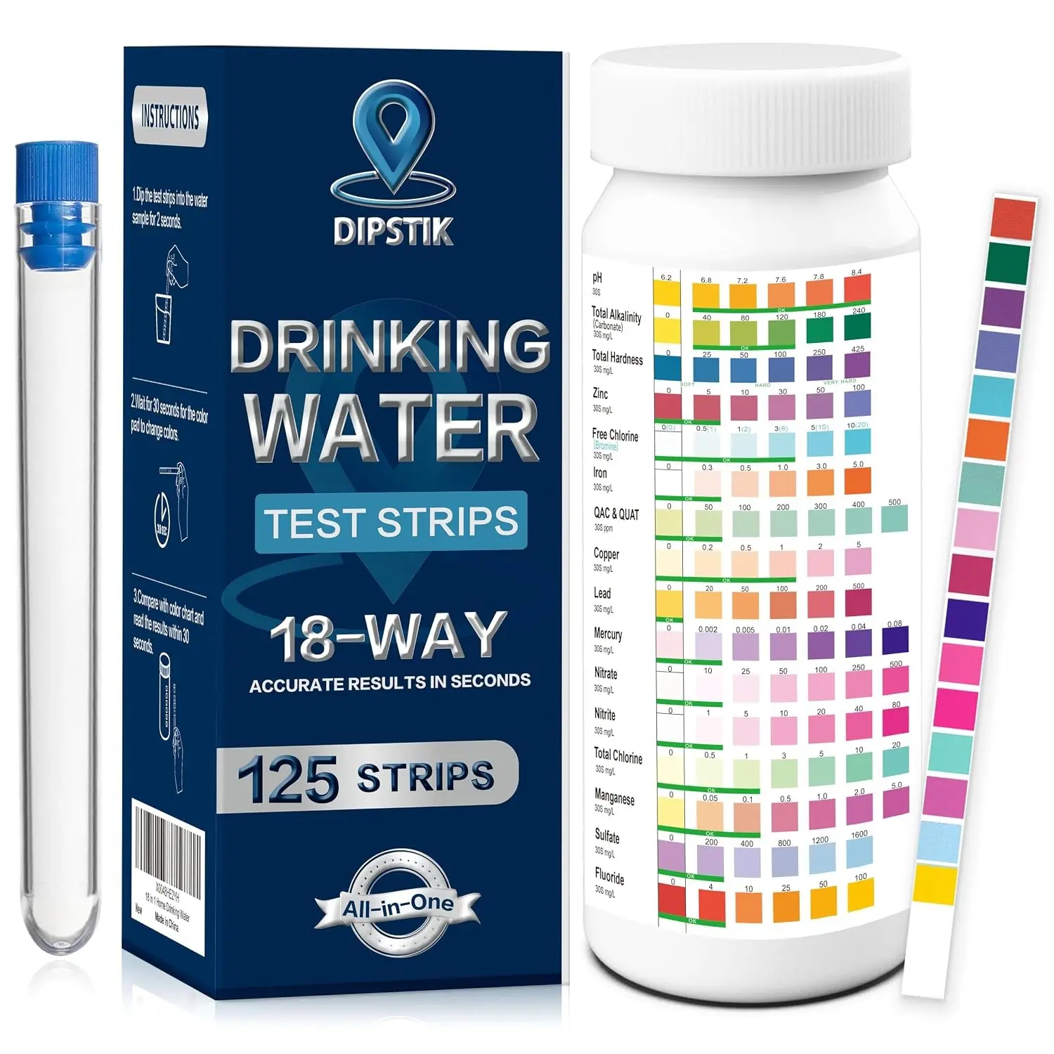 All-New 18 in1 Drinking Water Test Kit-125 Water Quality Test Strips | for Well Tap Test Kit Water Testing Strips for Home Drinking Water Testing,Hardness,Chlorine, Lead,Iron, Copper,Fluoride